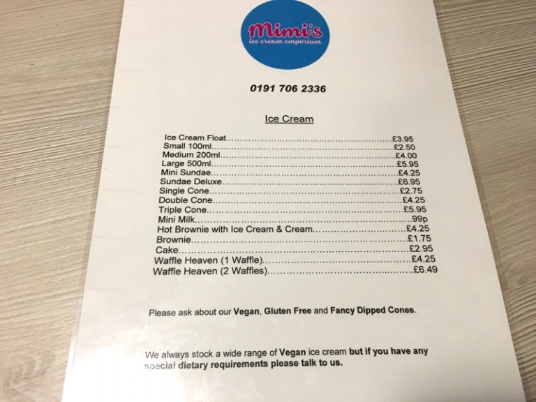 Mimi's Ice Cream Factory Newcastle Upon Tyne Menu